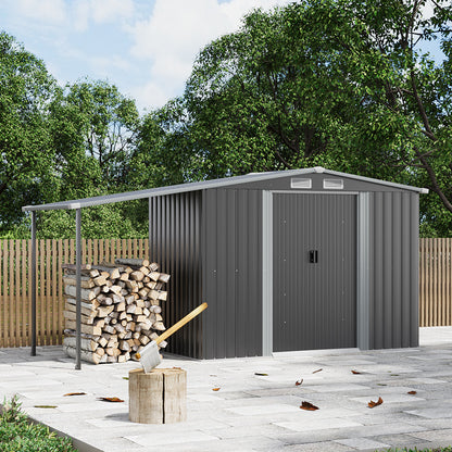 Wide Metal Garden Storage Shed with Gabled Roof and Lean-To