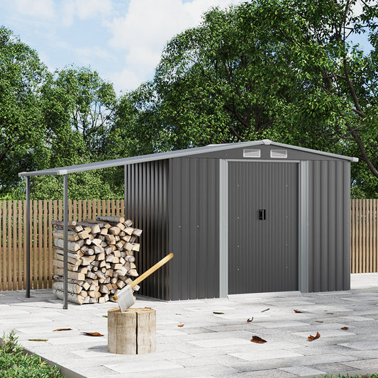 Wide Metal Garden Storage Shed with Gabled Roof and Lean-To