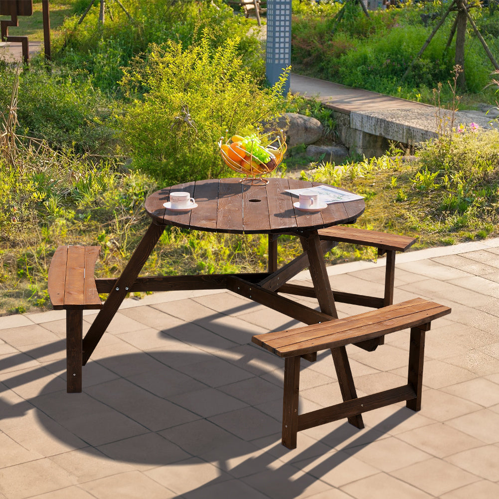 180cm W 6 Person Round Wood Picnic Table and Bench Set