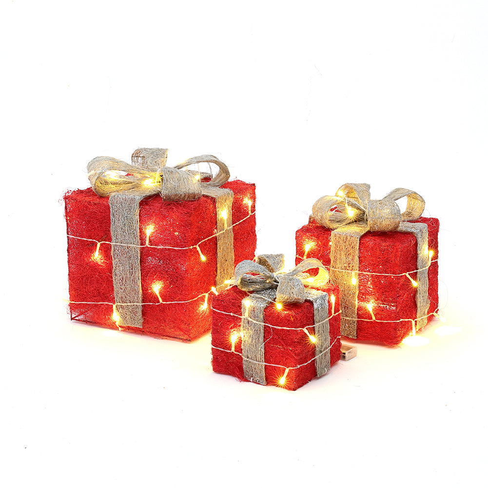 Set of 3 Light-Up Square Christmas Gift Boxes Glitter Presents Decoration