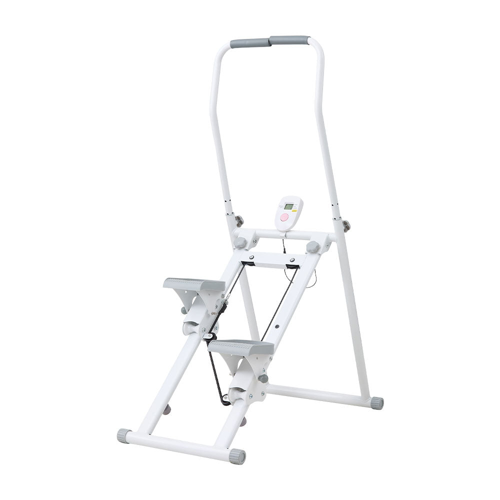 White‑Grey Step Climber Machine with Curved Grey Handrails