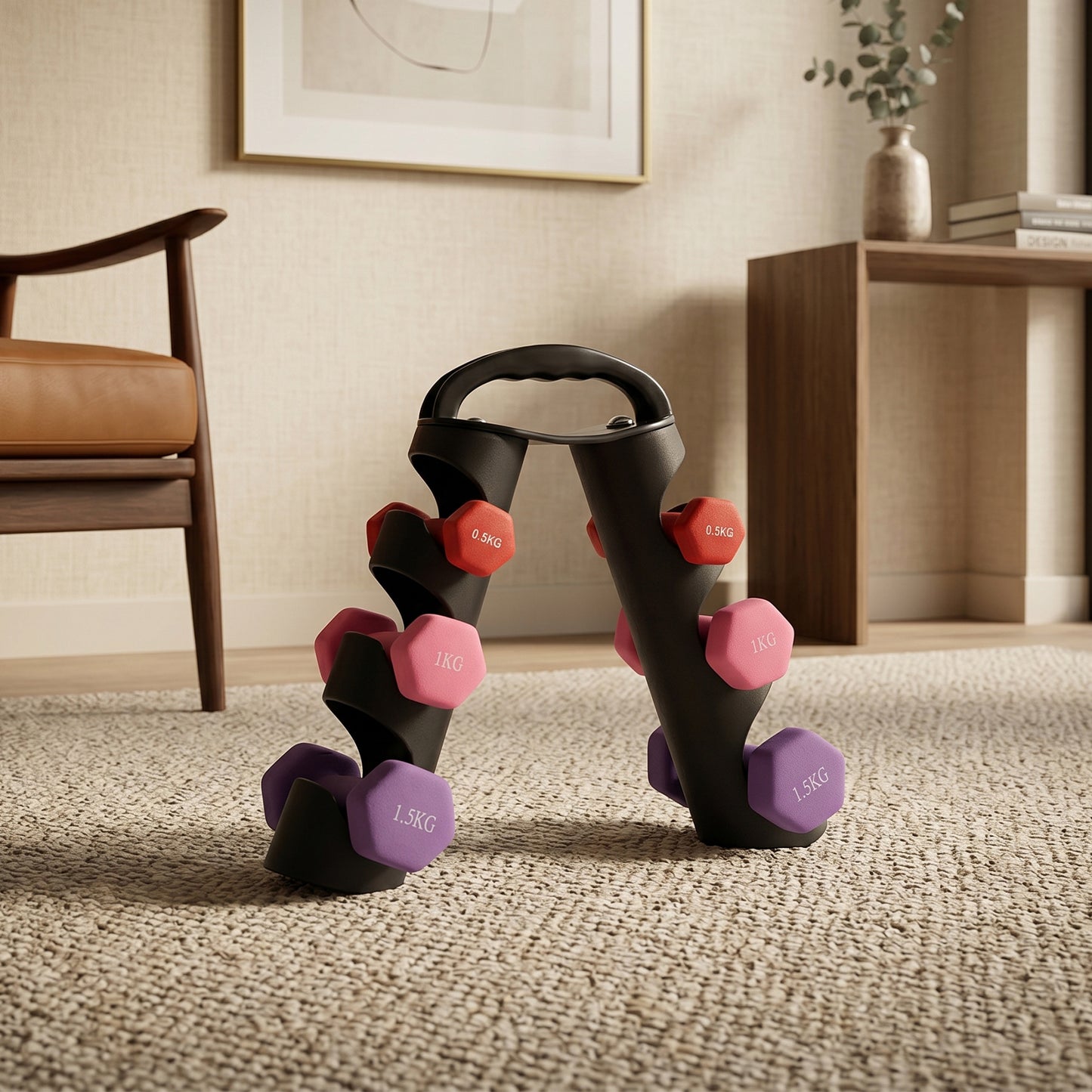 Portable 6‑Piece Dumbbell Set with Rotating Stand