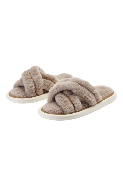 Sheonly EVA Cross-Band Open Toe Fuzzy Slippers