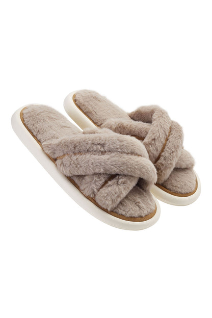 Sheonly EVA Cross-Band Open Toe Fuzzy Slippers