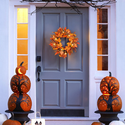 Lighted Maple Leaves Rattan Wreath with Berries Autumn Decor