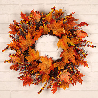 Lighted Maple Leaves Rattan Wreath with Berries Autumn Decor