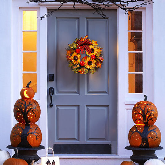 Prelit Autumn Wreath with Artificial Maple Leaves and Sunflowers