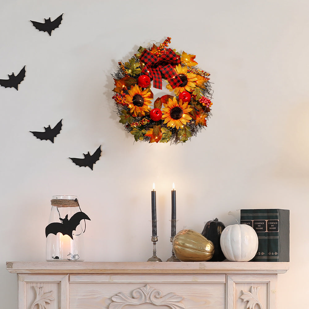 Prelit Autumn Wreath with Artificial Maple Leaves and Sunflowers