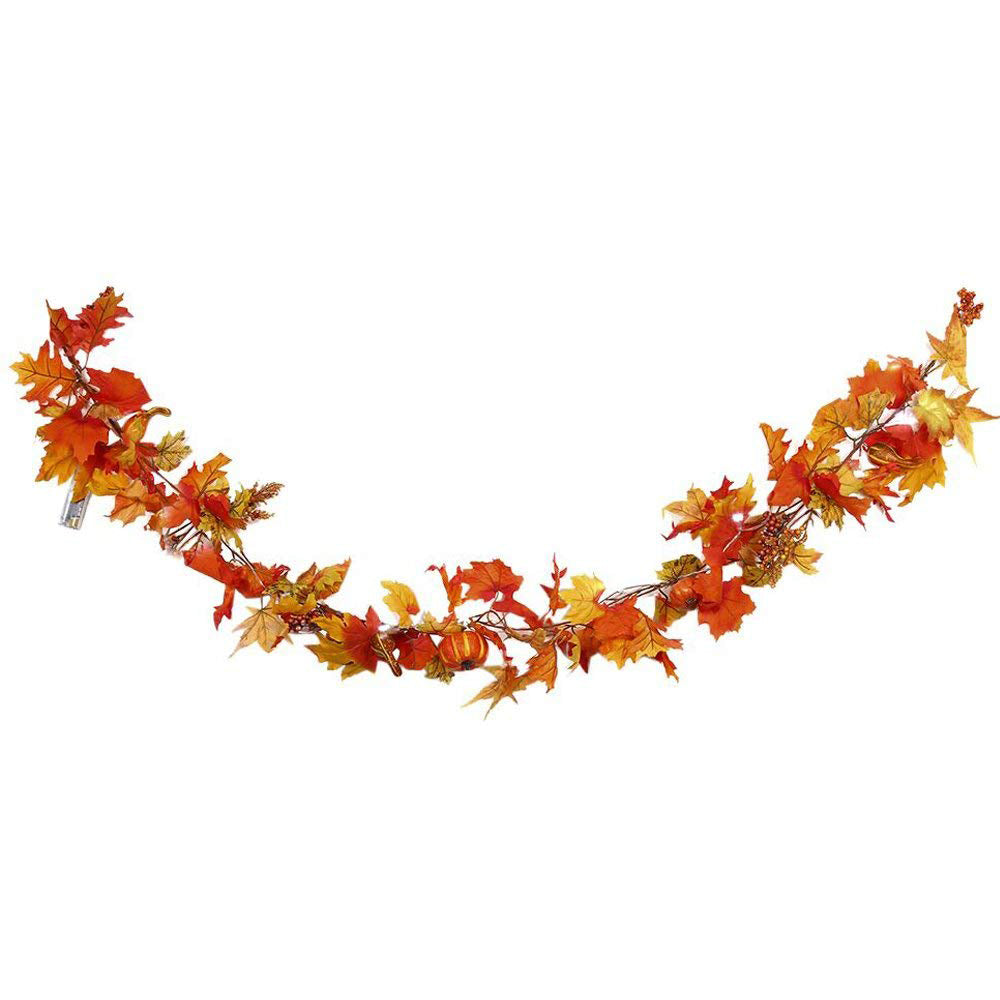 1.8M Artificial Autumn Maple Leaf Pumpkin Vine Garland With Lights
