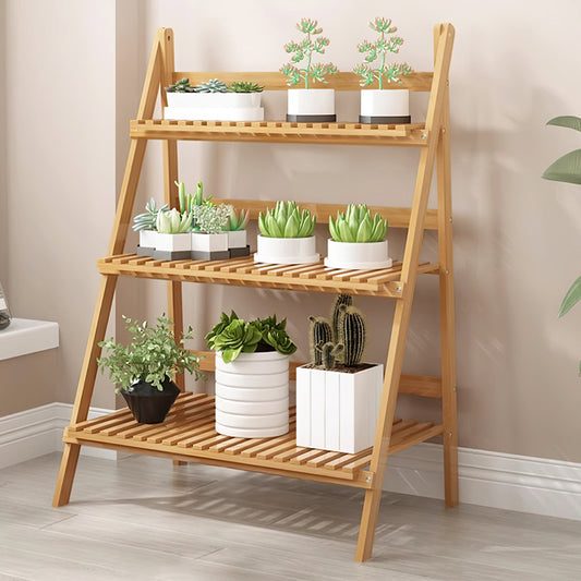 3-Tier Foldable Wooden Ladder Shelf Natural