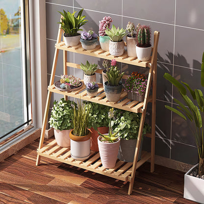 3-Tier Foldable Wooden Ladder Shelf Natural