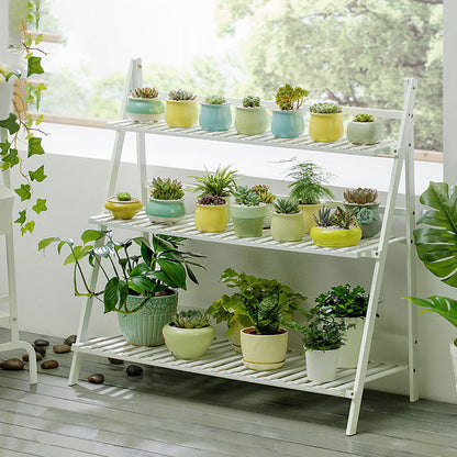 3-Tier Foldable Wooden Ladder Shelf Natural