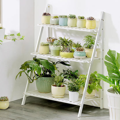 3-Tier Foldable Wooden Ladder Shelf Natural