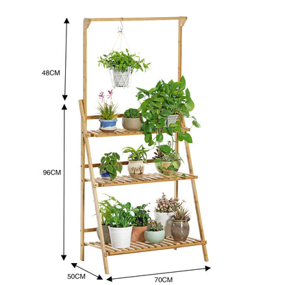 3-Tier Foldable Wooden Ladder Shelf with Hanging Rod