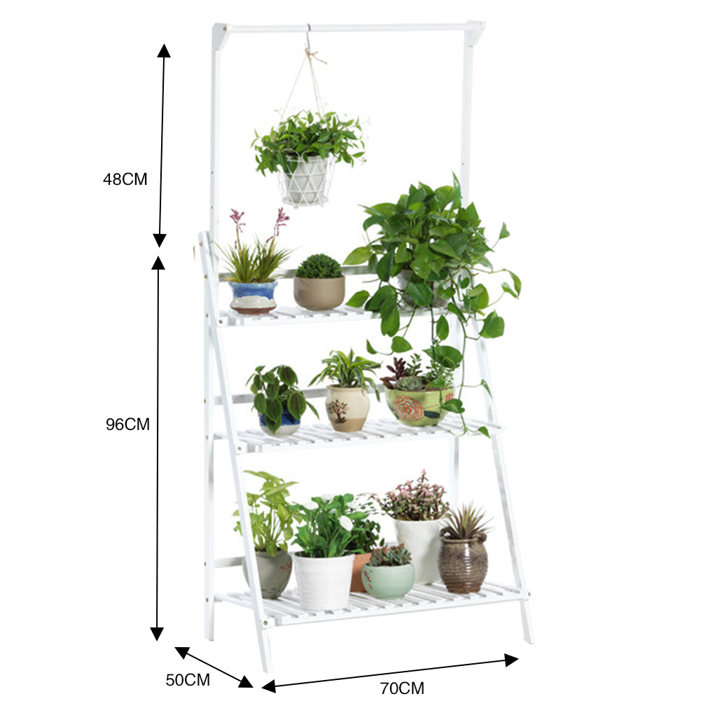 3-Tier Foldable Wooden Ladder Shelf with Hanging Rod