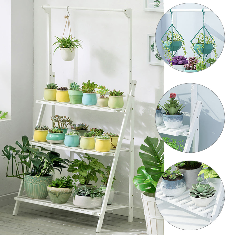 3-Tier Foldable Wooden Ladder Shelf with Hanging Rod