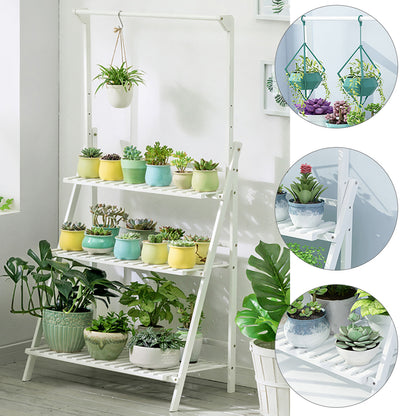 3-Tier Foldable Wooden Ladder Shelf with Hanging Rod