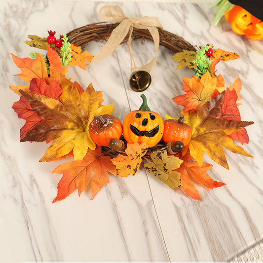 Artificial Pumpkin Maple Leaves Wreath with Bell