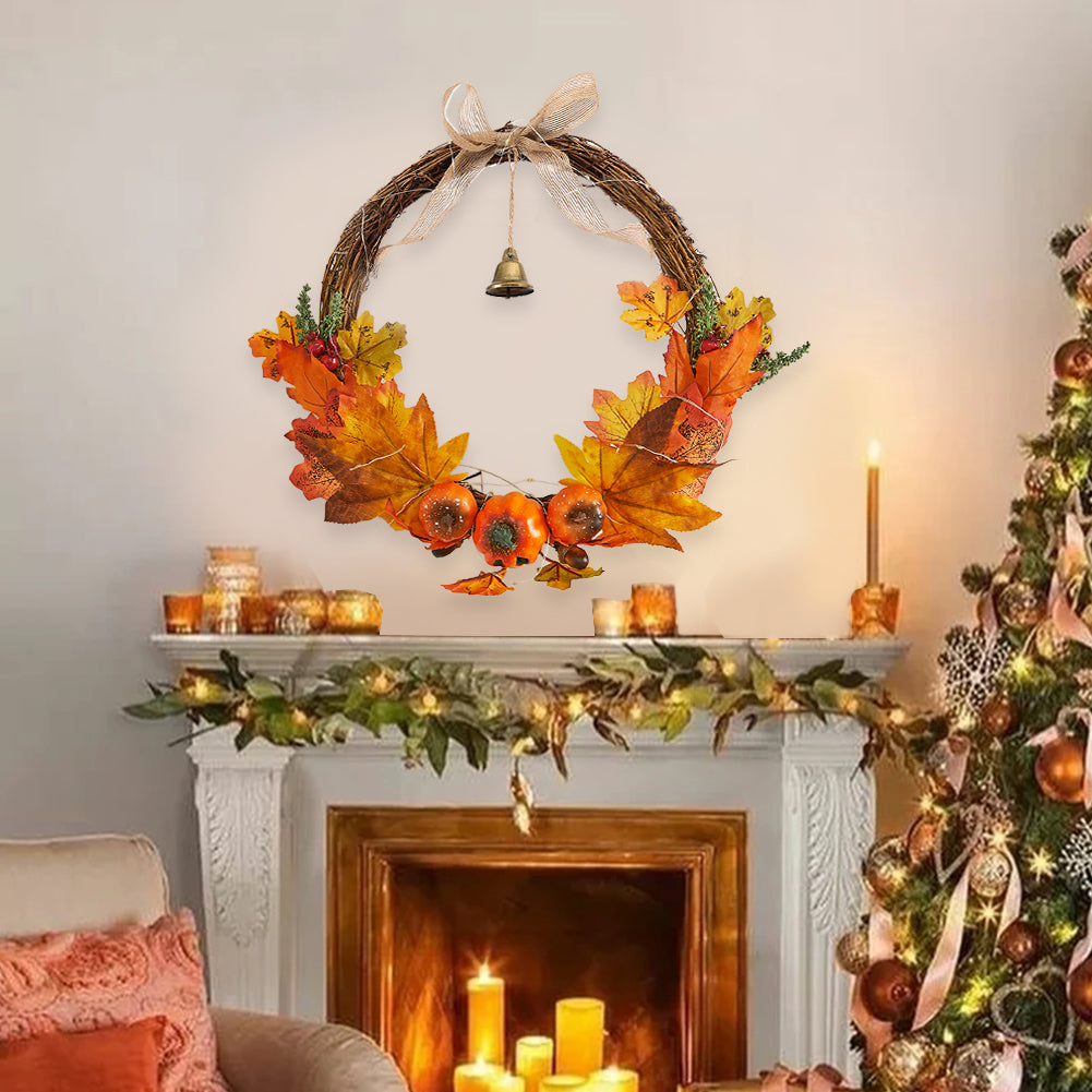 Artificial Pumpkin Maple Leaves Wreath with Bell