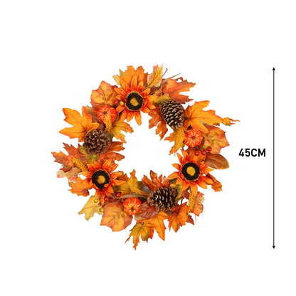 Warm Autumn Door Wreath with Maple Leaves Pine Cones