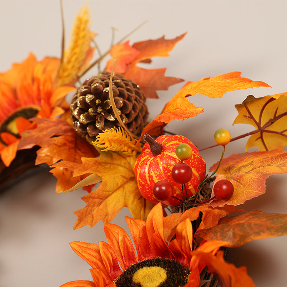 Warm Autumn Door Wreath with Maple Leaves Pine Cones