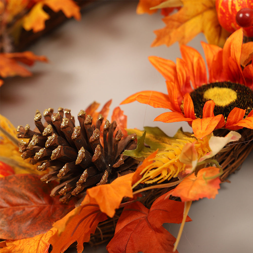 Warm Autumn Door Wreath with Maple Leaves Pine Cones
