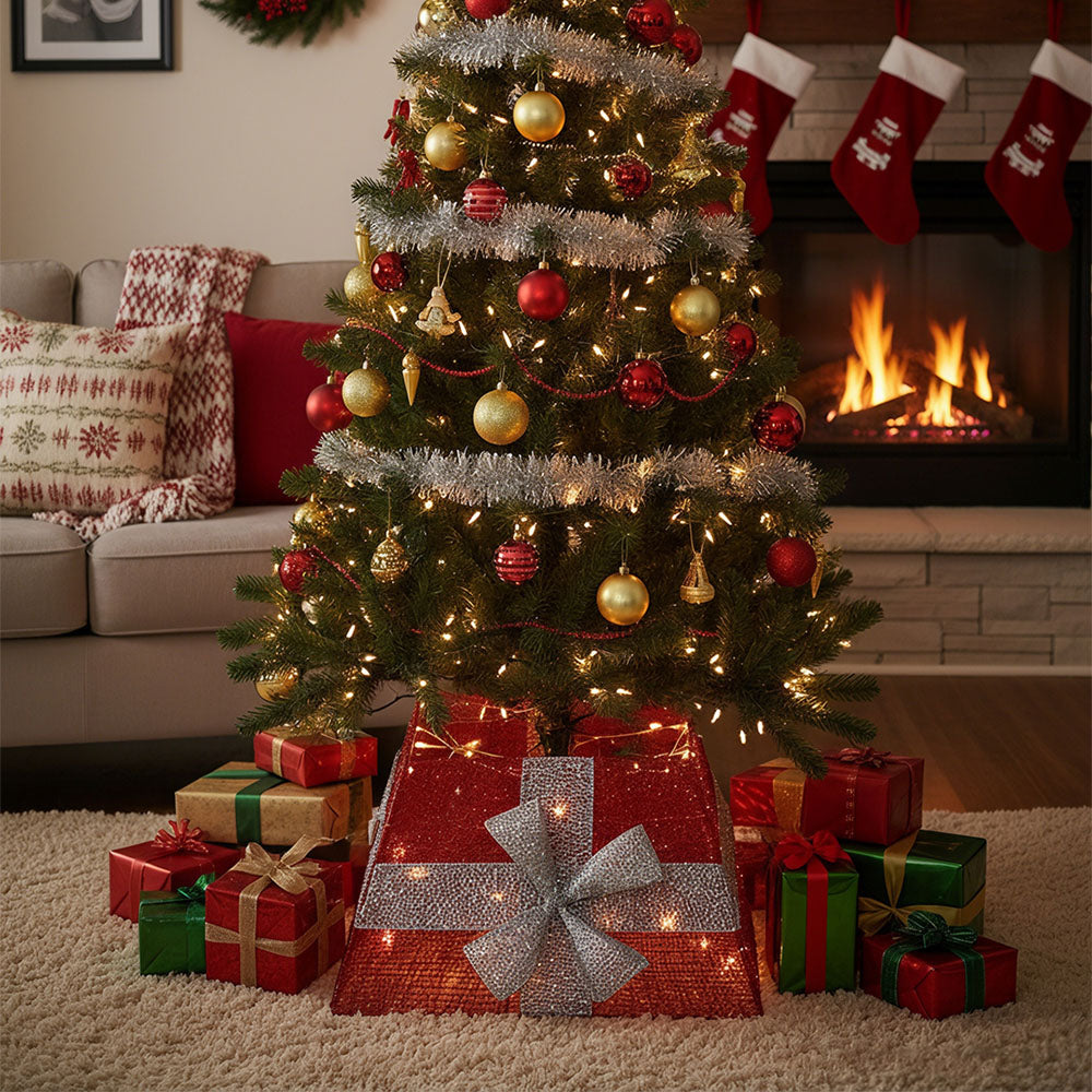 Square Christmas Tree Collar Basket Decor with Bow Tie