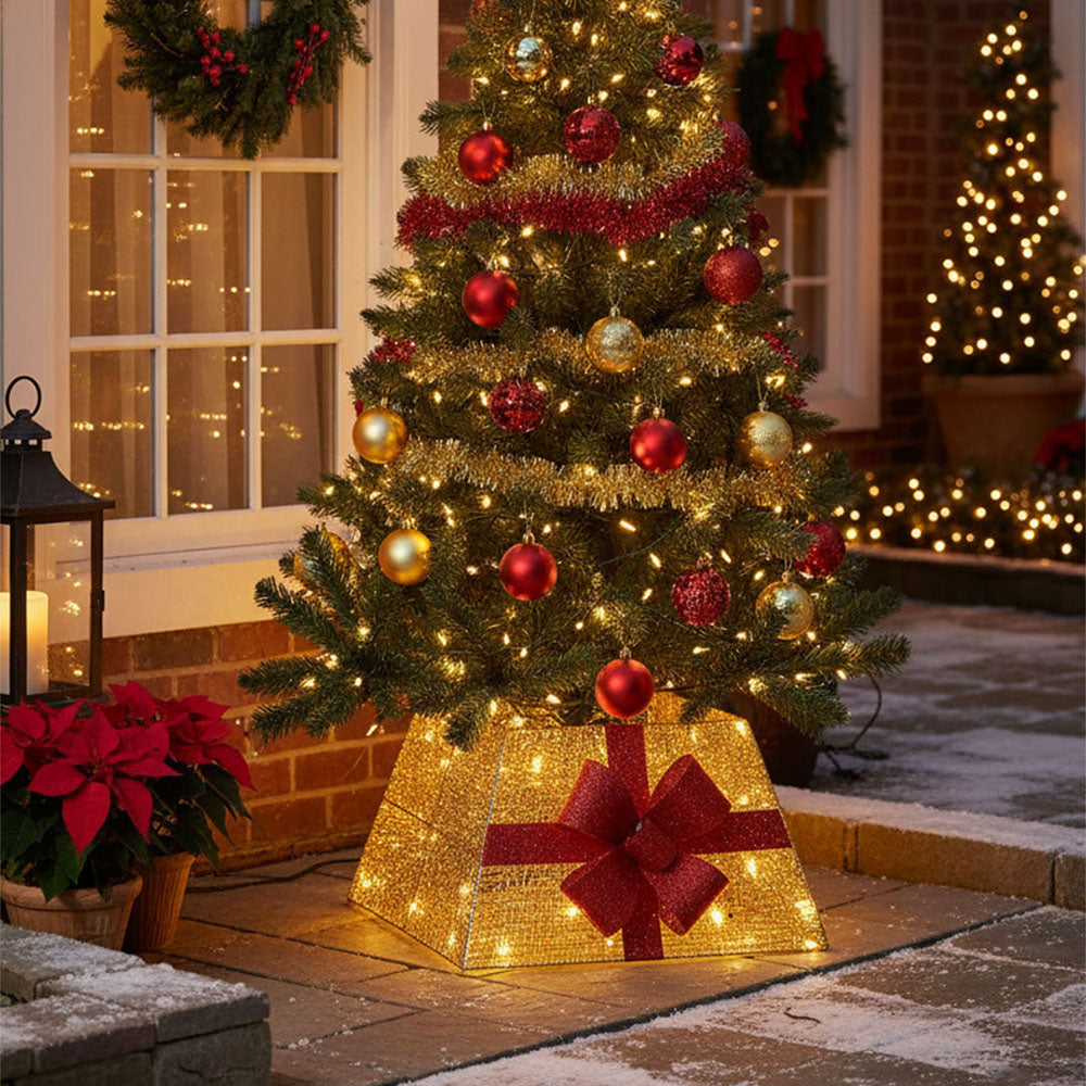 Square Christmas Tree Collar Basket Decor with Bow Tie