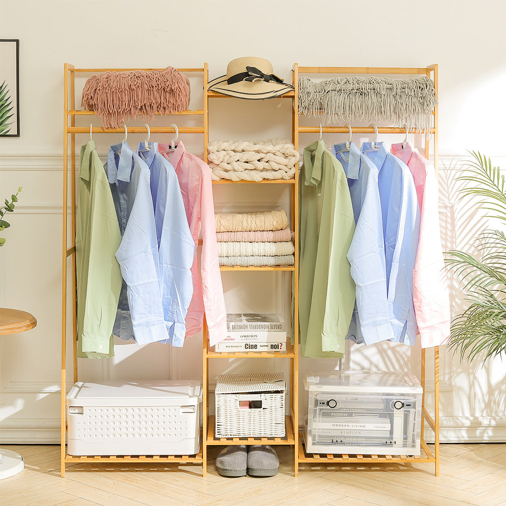 Bamboo Trapezoid Clothing Rack with 5-Tier Storage Shelves