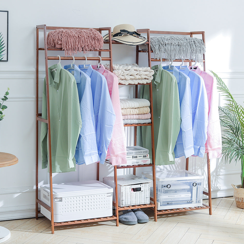 Bamboo Trapezoid Clothing Rack with 5-Tier Storage Shelves