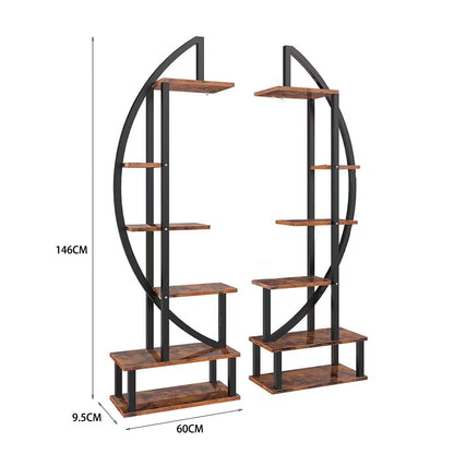 2 Pcs Rustic Brown Crescent Wood Tiered Plant Stand