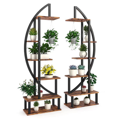 2 Pcs Rustic Brown Crescent Wood Tiered Plant Stand