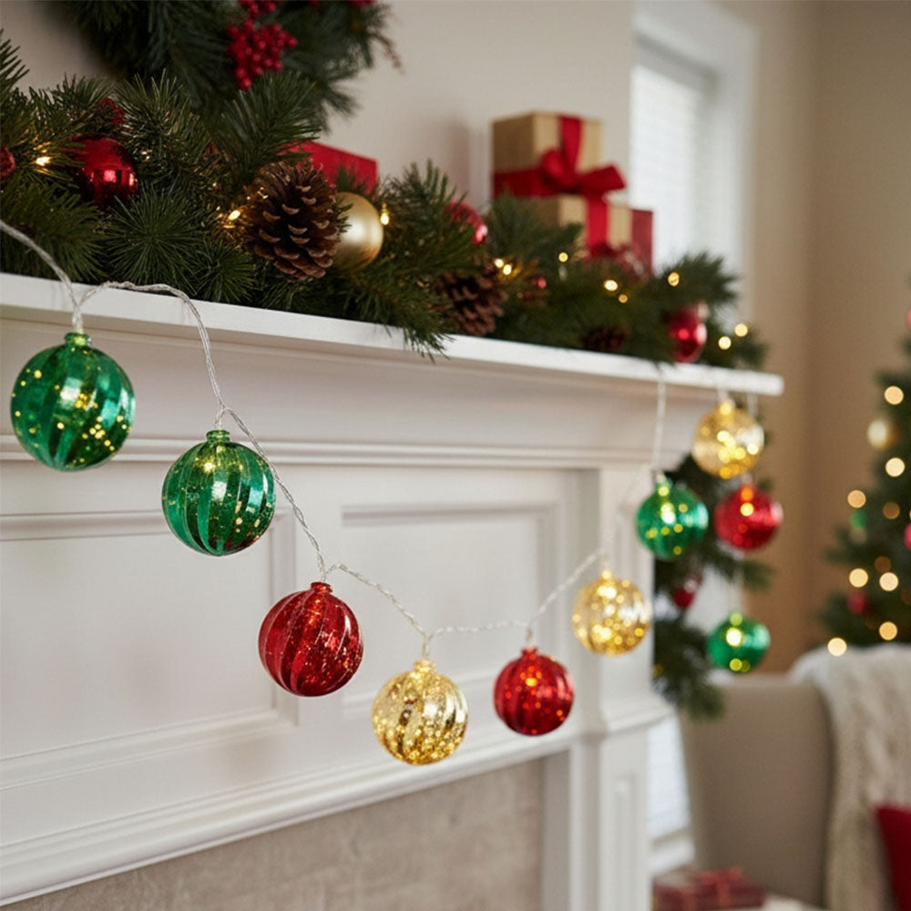 Multicoloured Christmas Ball Ornament String Lights Battery Powered