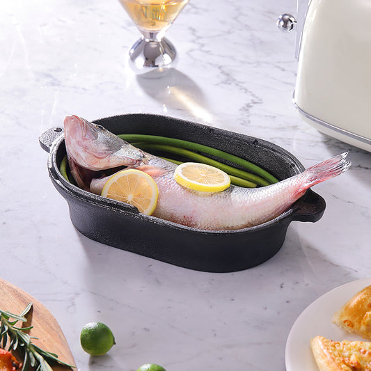 Black Oval Cast Iron Frying and Stewing Pot
