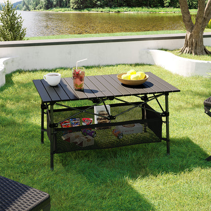 Aluminum Roll-Top Foldable Camp Table with Mesh Shelf