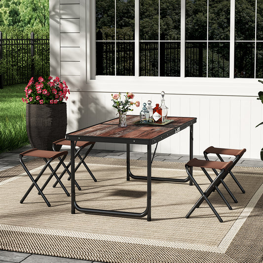 Brown Foldable Outdoor Camping Dining Set with 4 Stools