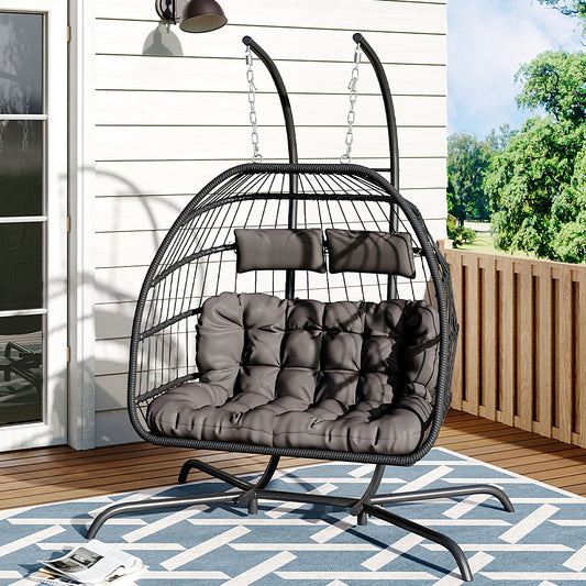Outdoor Hanging 2-Seater Swing Chair Egg Chair with Four-Leg Stand