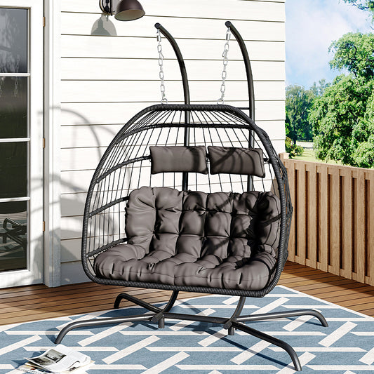 Outdoor Hanging 2-Seater Swing Egg Chair with Four-Leg Stand