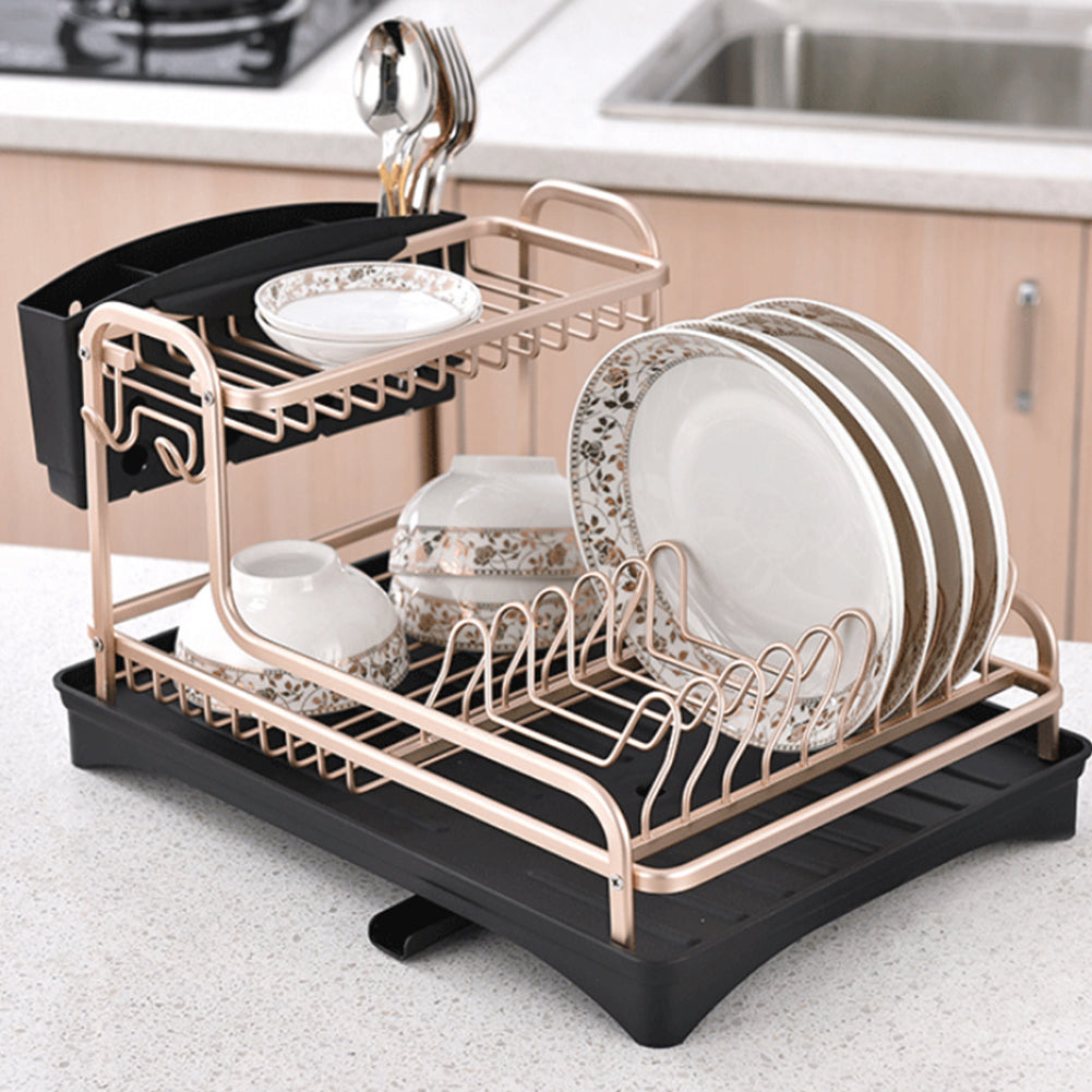 Dish Rack 2 Tiers Dish Drying Drainer Drying Board Rose Gold
