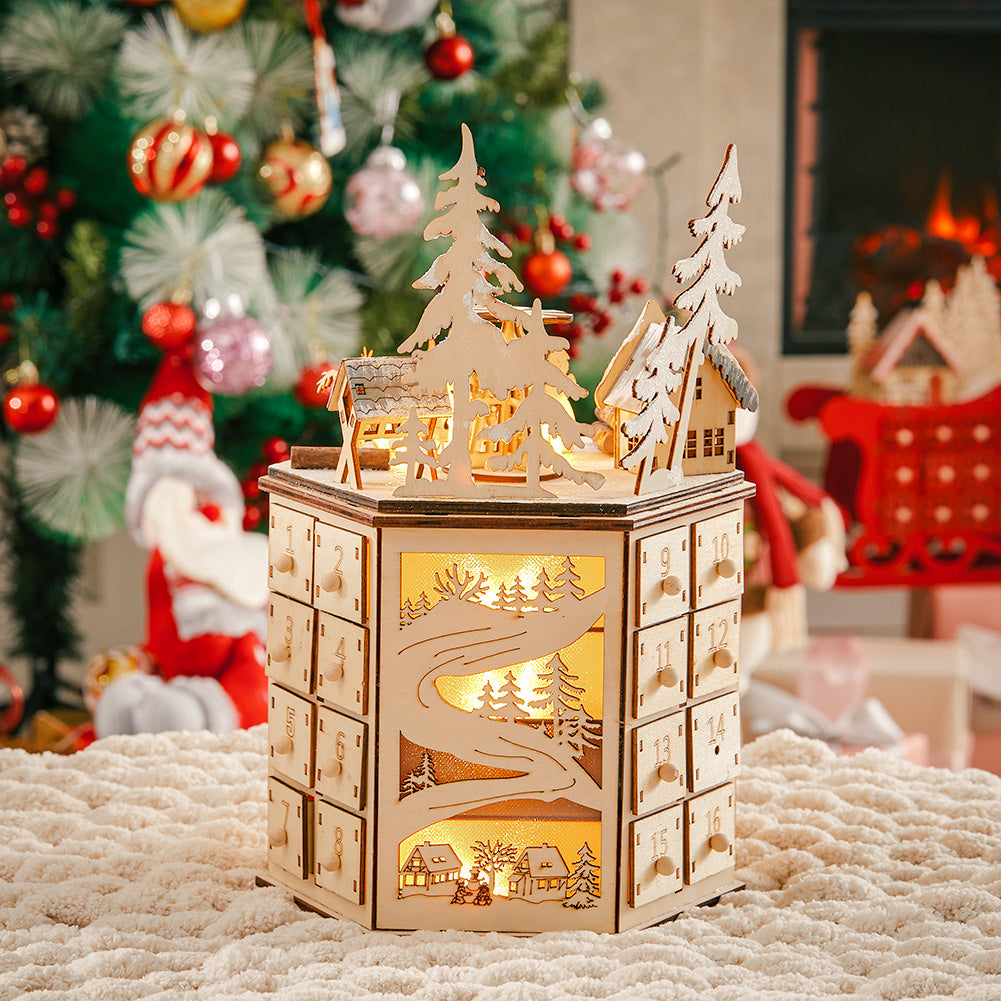 LED Rotating Countdown Calendar Wooden Music Box for Christmas