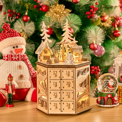 LED Rotating Countdown Calendar Wooden Music Box for Christmas