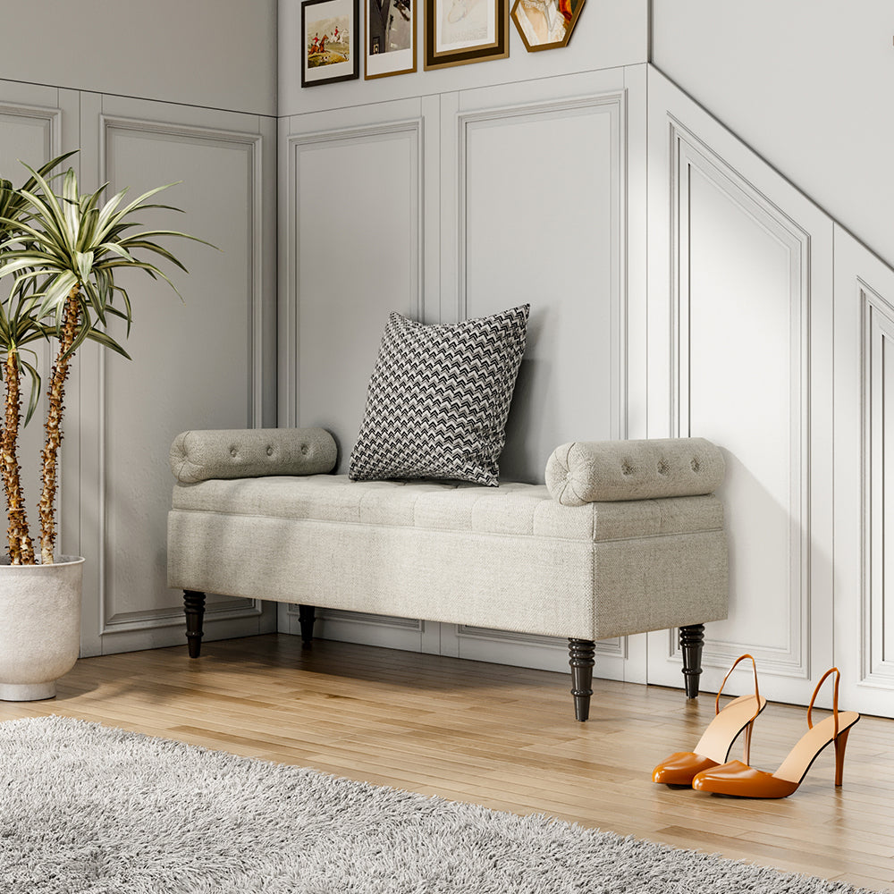 Grey/Beige Flip Top Storage Bench with Side Arms
