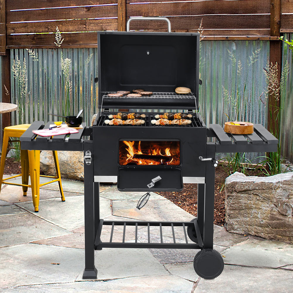 138CM Wide Charcoal BBQ Grill with Side Shelves