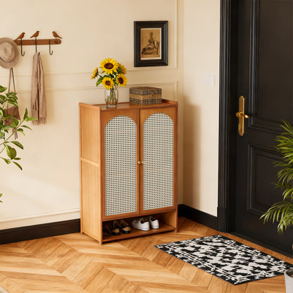 95CM H Modern Shoe Storage Cabinet with Rattan-Effect 2 Doors