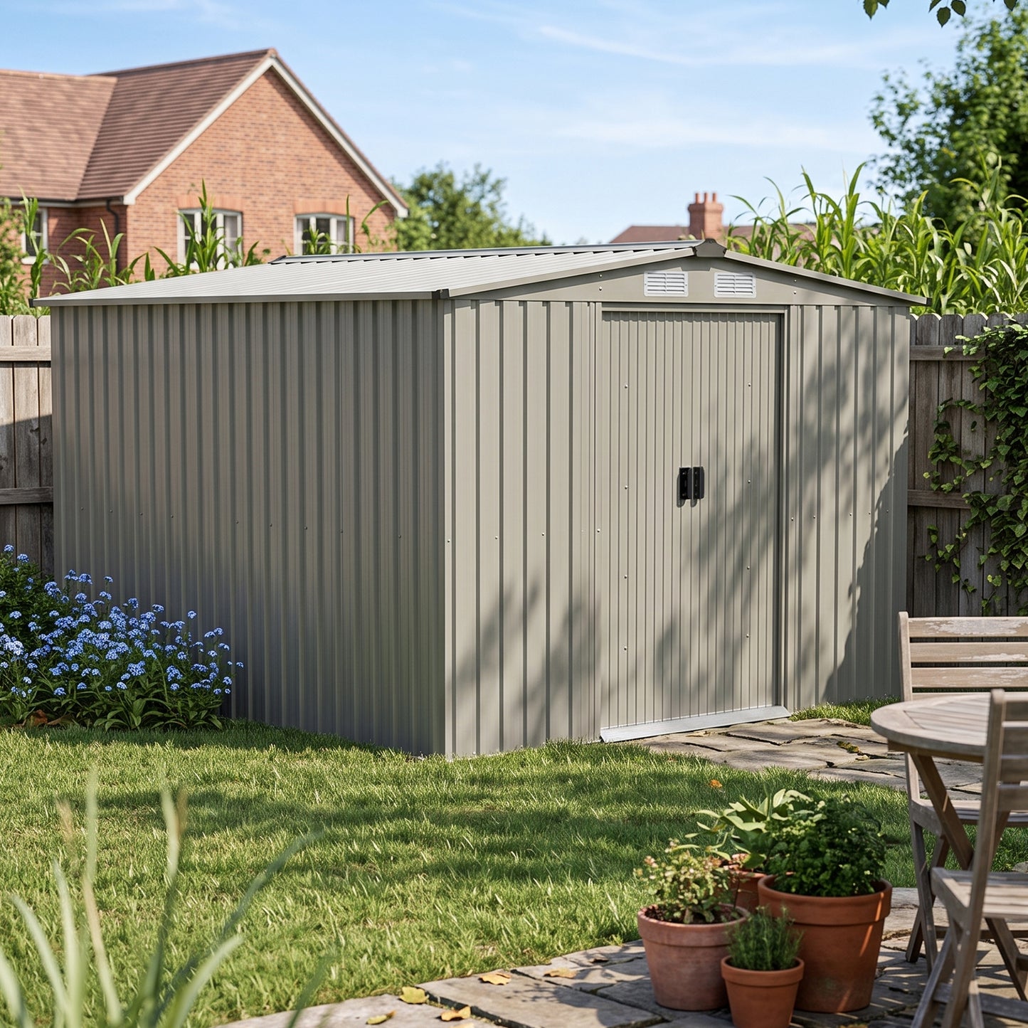 8x8FT Apex Roof Metal Garden Storage Shed with Sliding Door