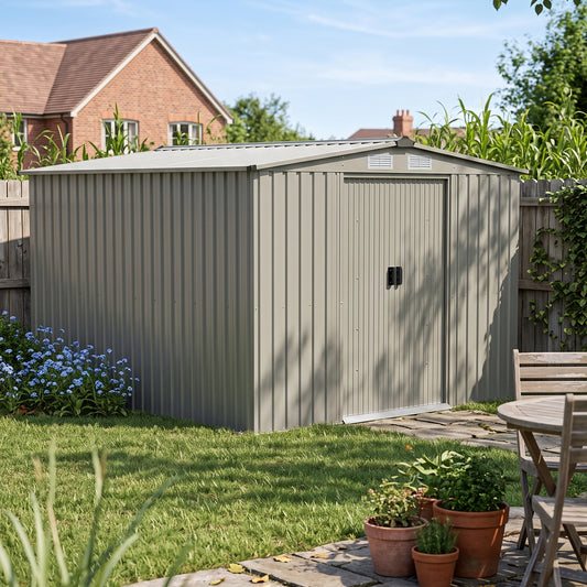 8x8FT Apex Roof Metal Garden Storage Shed with Sliding Door