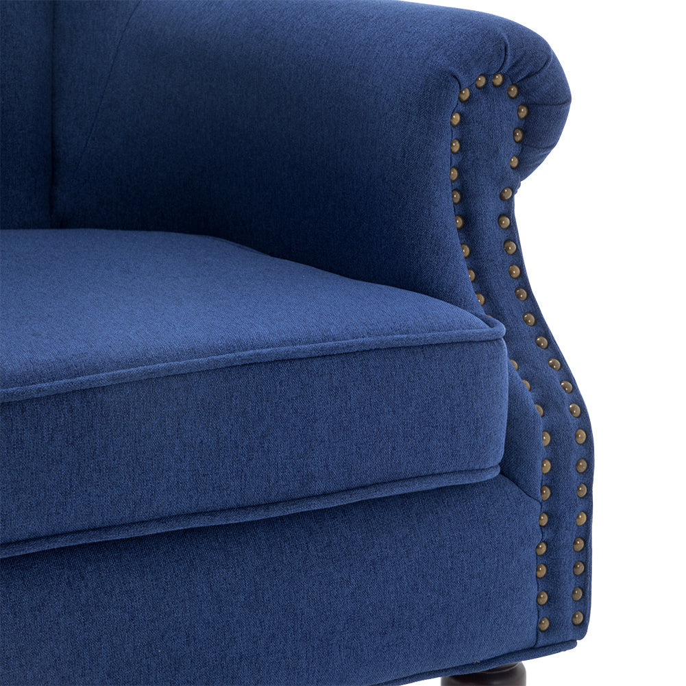 Blue/Grey Vintage Linen Upholstered Wing Back Armchair