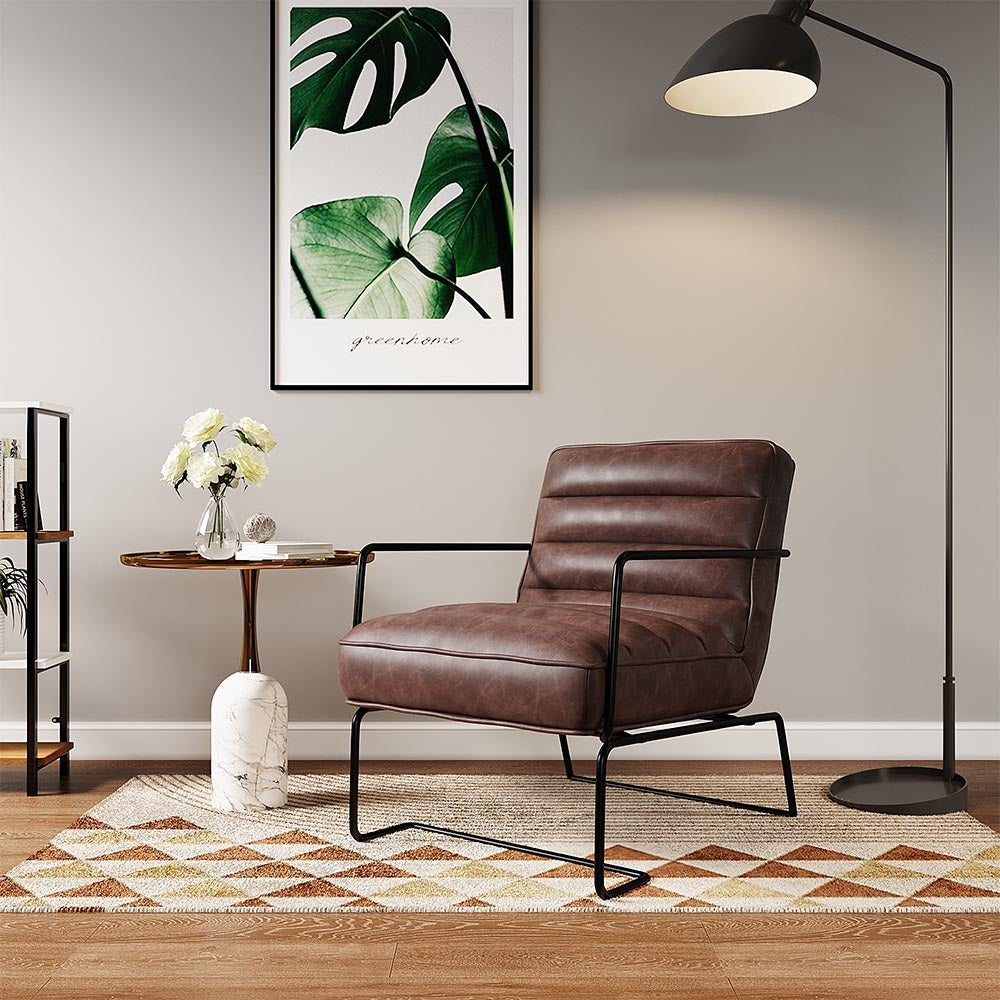 Mid Century PU leather Linen Armchair Metal Base