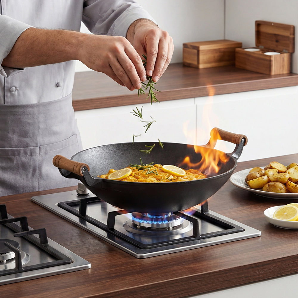 Round Cast Iron Wok with Dual Handles