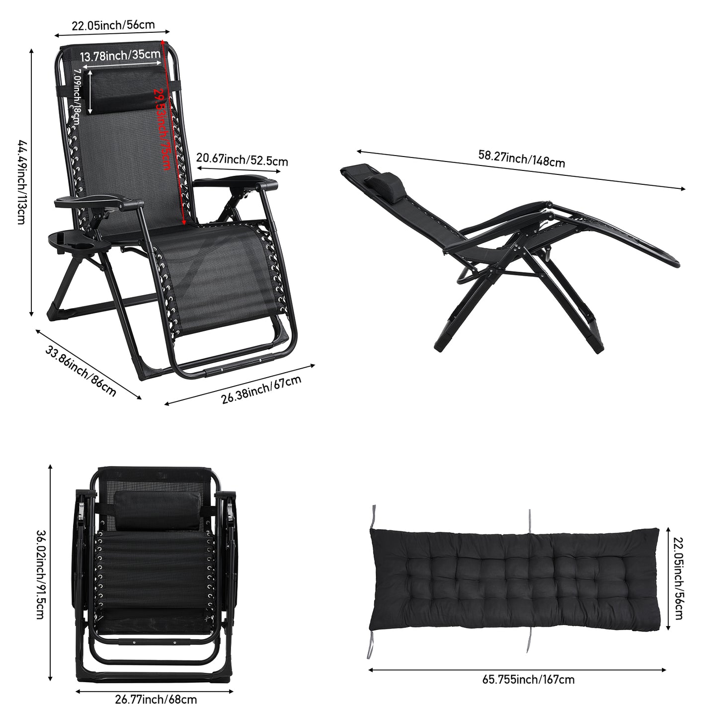 Zero Gravity Outdoor Recliner with Seat Cushion & Headrest